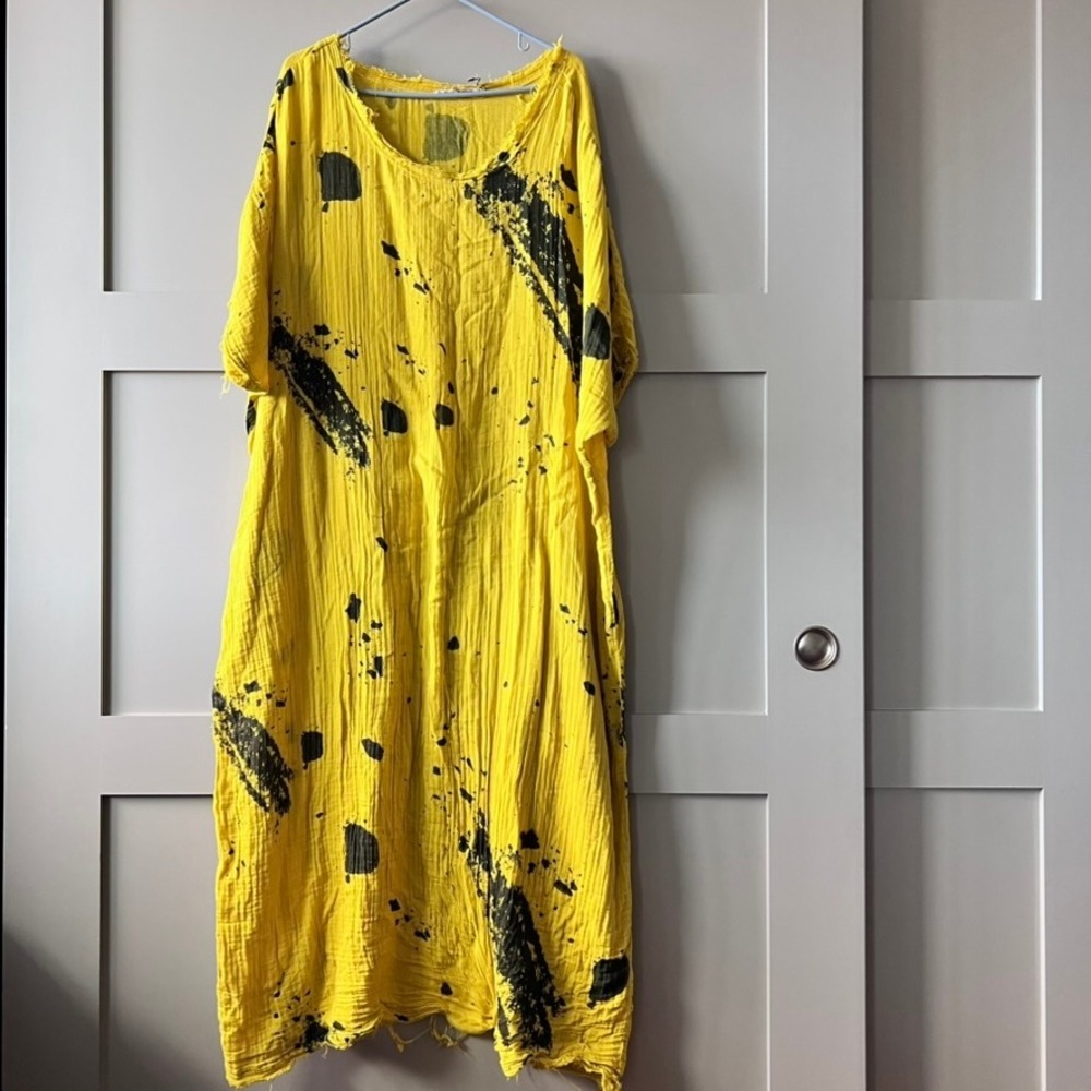 CALI DREAMING Yellow‎ Gauze Dress Black Splatter Print Oversized Maxi Size XS/S